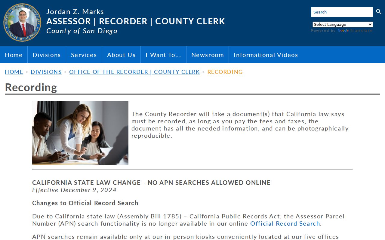 Coronado public records recorder recording page for San Diego County