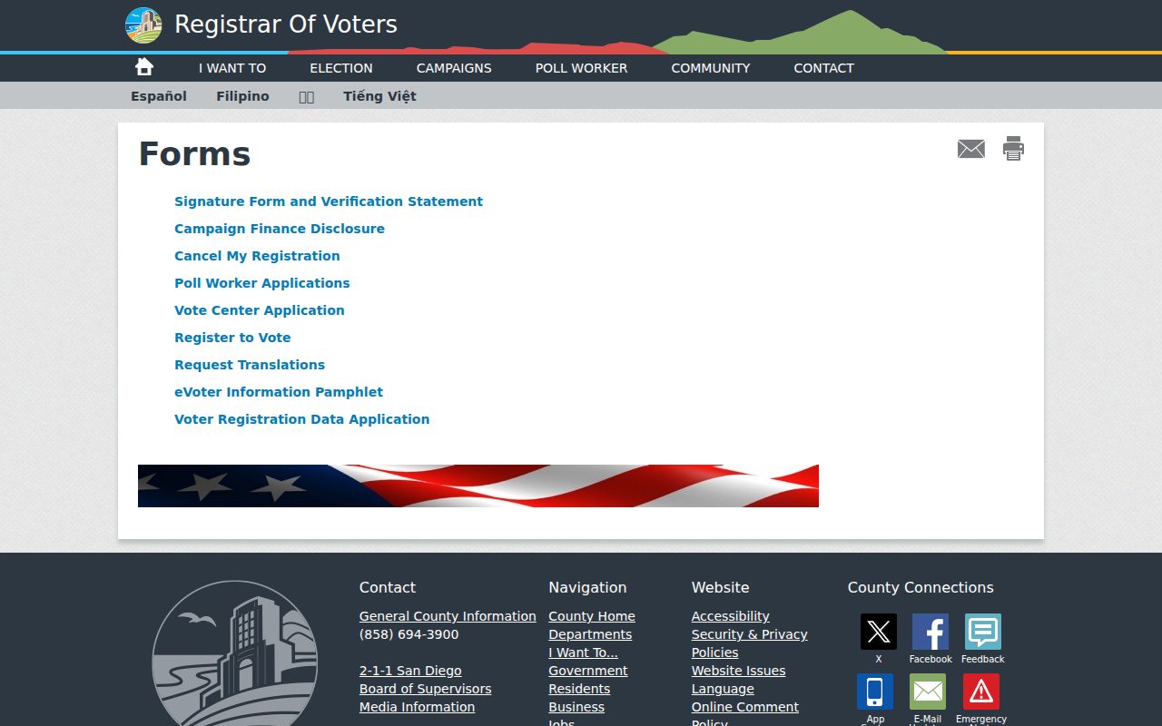 Coronado voter registration records forms page for San Diego County